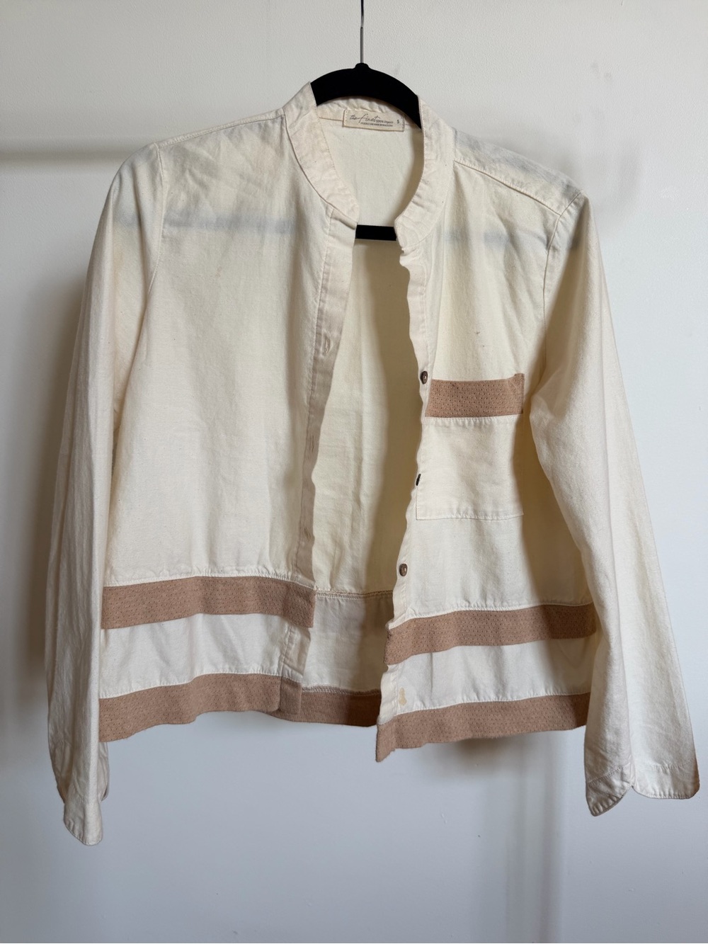 Women's Cream Button-Down Shirt Jacket with Tan Trim size Small made in Spain